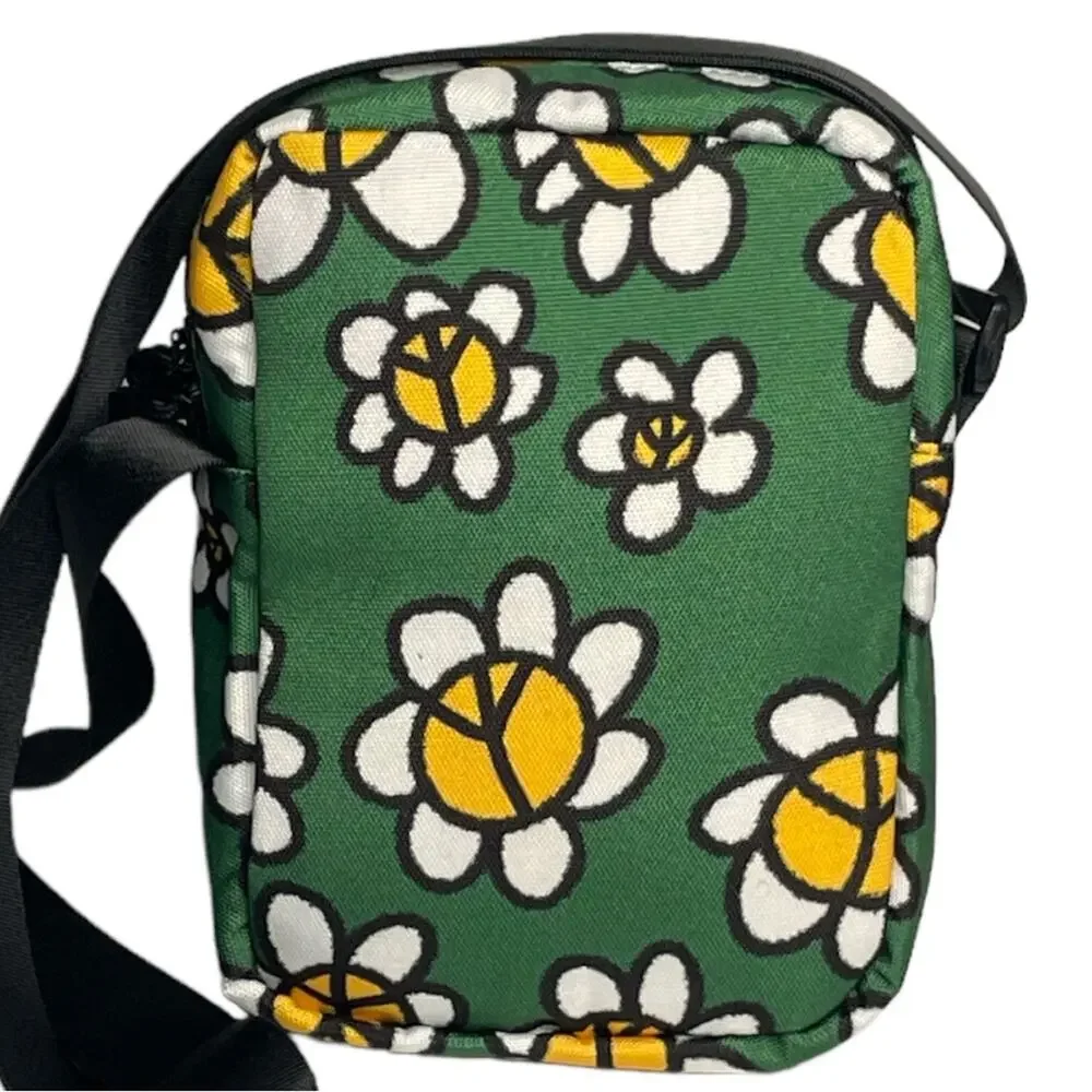 Petals and Peacocks Flowers and Peace Sign Crossbody Camera Bag Green